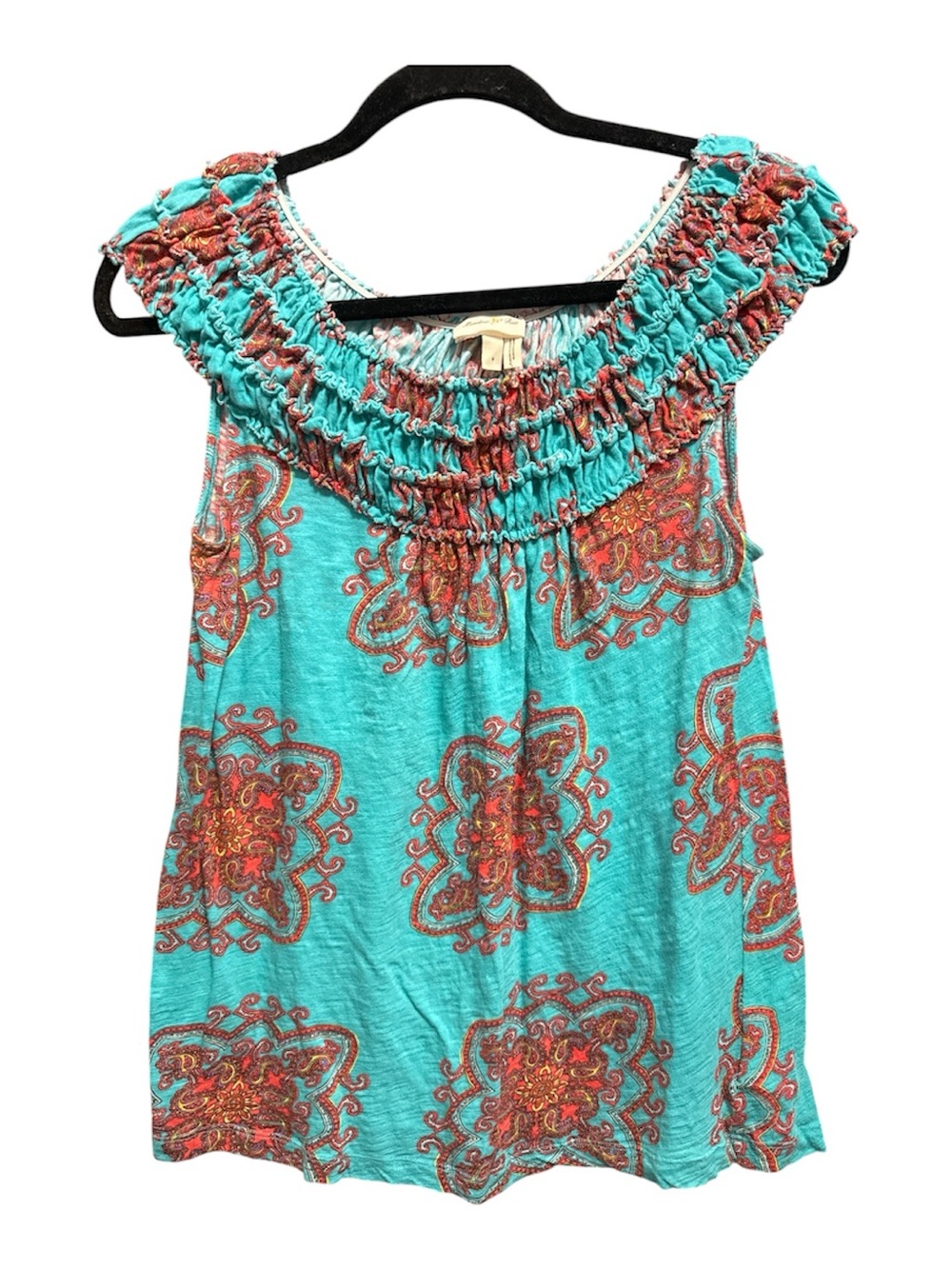 Meadow Rue ANTHROPOLOGIE Turquoise Smocked Neck Floral Medallion Camisole